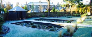 Sunken garden in winter, Edinburgh garden built by Water Gems, designed by Carolyn Grohmann