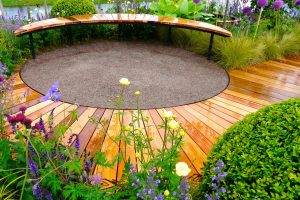 Portfolio image, Gold Medal Award-Winning Garden, Gardening Scotland 2014, circular patio, curved boardwalk, curved seat