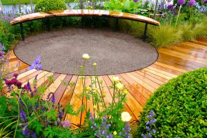 Portfolio image, Gold Medal Award-Winning Garden, Gardening Scotland 2014, circular patio, curved boardwalk, curved seat