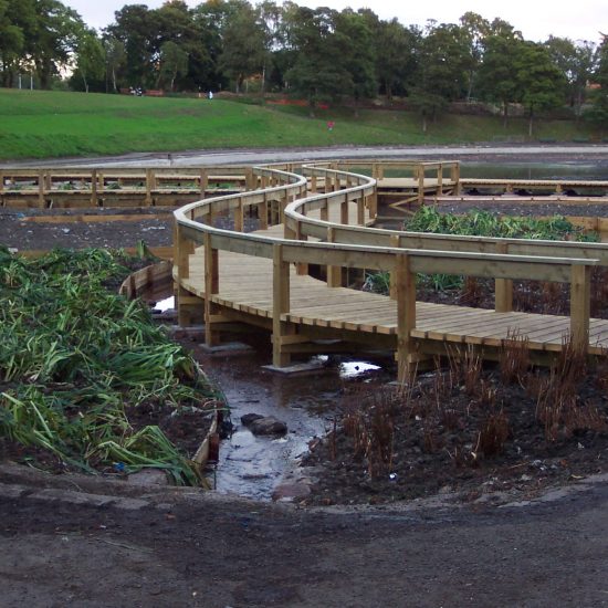 Inverleith Park Pond, Edinburgh, boardwalk under construction by Water Gems