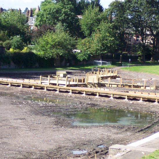 Inverleith Park Pond, Edinburgh, boardwalk under construction by Water Gems