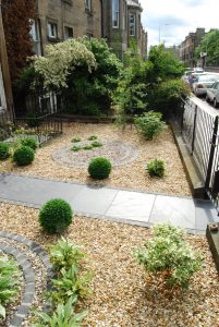 Henderson Row front garden, black slate slabs, basalt setts, gravel garden, built by Water Gems, designed by Carolyn Grohmann