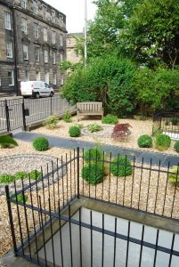 Henderson Row front garden, black slate slabs, basalt setts, gravel garden, built by Water Gems, designed by Carolyn Grohmann