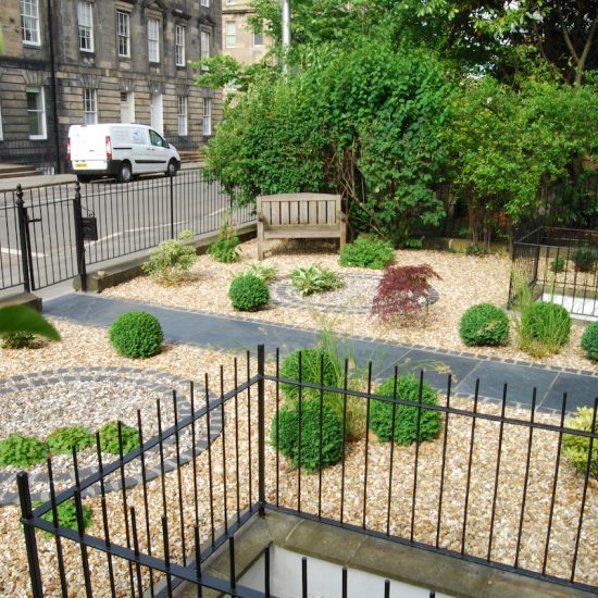 Henderson Row front garden, black slate slabs, basalt setts, gravel garden, built by Water Gems, designed by Carolyn Grohmann