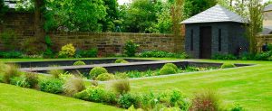 Slate building, sunken garden, Edinburgh garden built by Water Gems, designed by Carolyn Grohmann