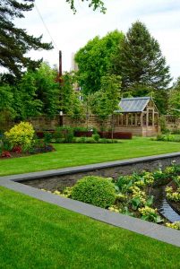Sunken garden, rill, Gabriel Ash greenhouse Edinburgh garden built by Water Gems, designed by Carolyn Grohmann