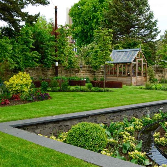 Sunken garden, rill, Gabriel Ash greenhouse Edinburgh garden built by Water Gems, designed by Carolyn Grohmann