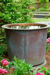 Edinburgh garden, copper tub by Ratho Byres forge, garden built by Water Gems, designed by Carolyn Grohmann