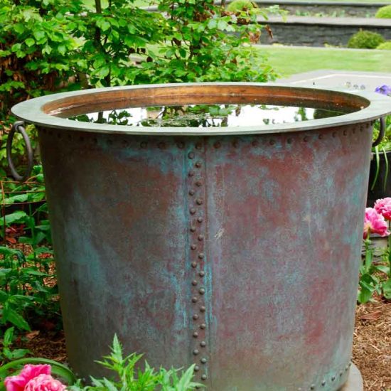 Edinburgh garden, copper tub by Ratho Byres forge, garden built by Water Gems, designed by Carolyn Grohmann