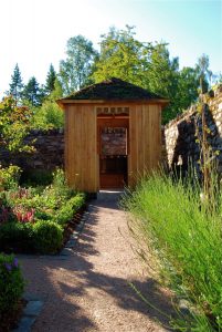 Aviemore garden, larch arbour, sedum roof, built by Water Gems, designed by Carolyn Grohmann