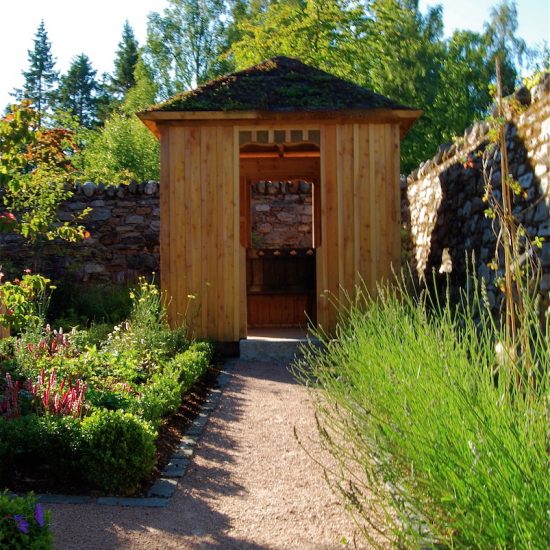 Aviemore garden, larch arbour, sedum roof, built by Water Gems, designed by Carolyn Grohmann