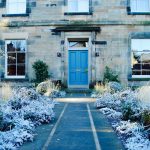 Black basalt path with clashach inlay in winter, Edinburgh garden built by Water Gems, designed by Carolyn Grohmann