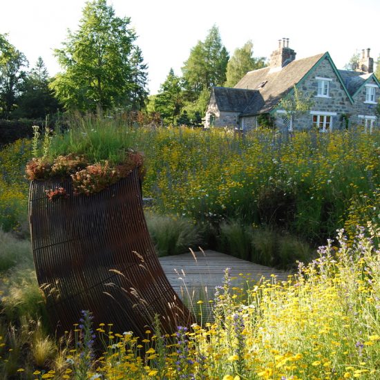 2010 Show Garden Gardening Scotland, rebar culture, rehoused in Aviemore garden, designed and built by Water Gems, planting by Carolyn Grohmann