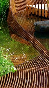 Rebar sculpture, larch deck, 2010 Gold medal, Gardening Scotland, Best in Show, designed and built by Water Gems, planting by Carolyn Grohmann