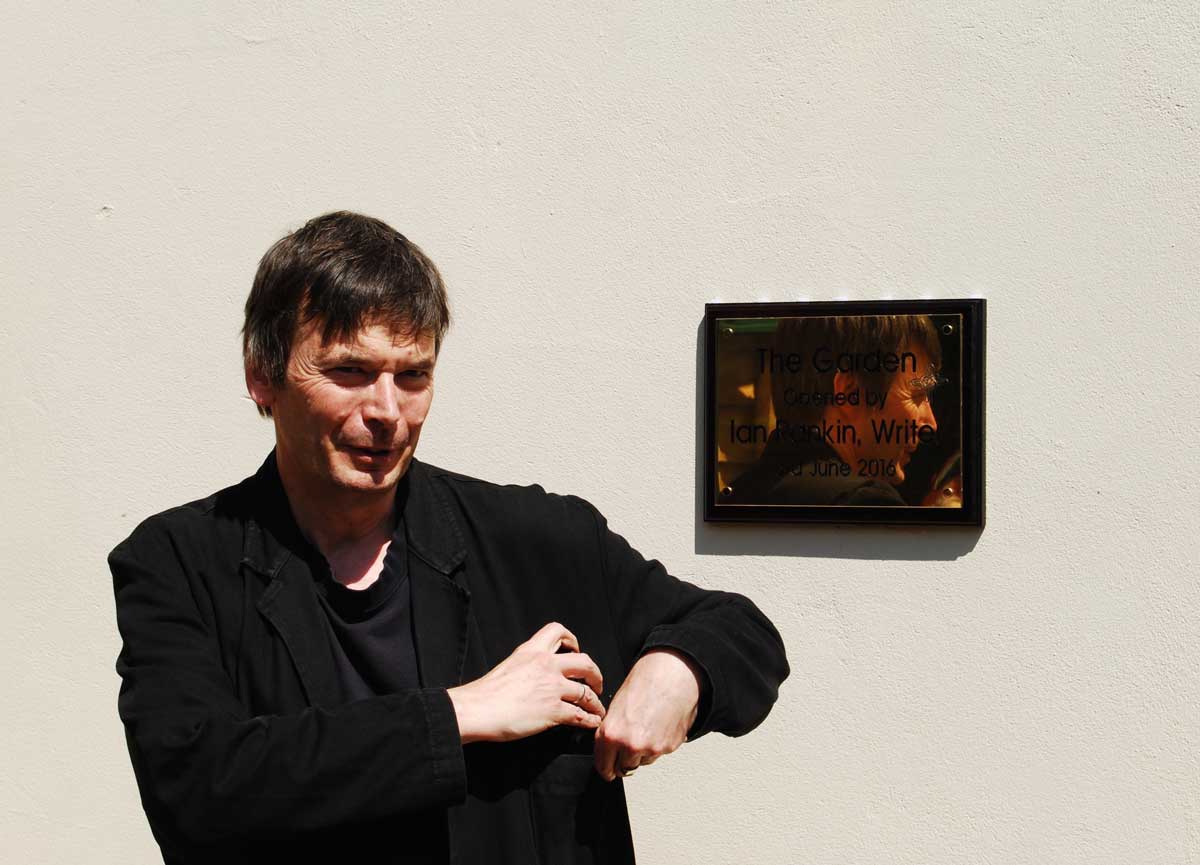 Ian Rankin opening Huntercombe Hospital Garden, West Lothian, built by Water Gems, designed by Carolyn Grohmann