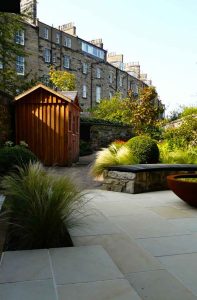 Scorched oak bench, Urbis lily bowl, Edinburgh Eton Terrace garden, built by Water Gems, designed by Carolyn Grohmann, BALI award winning 2014