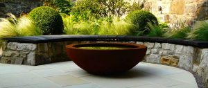Scorched oak bench, Urbis lily bowl, Edinburgh Eton Terrace garden, built by Water Gems, designed by Carolyn Grohmann, BALI award winning 2014