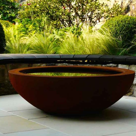 Scorched oak bench, Urbis lily bowl, Edinburgh Eton Terrace garden, built by Water Gems, designed by Carolyn Grohmann, BALI award winning 2014