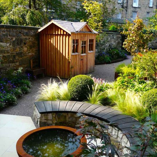 Scorched oak bench, Urbis lily bowl, Edinburgh Eton Terrace garden, built by Water Gems, designed by Carolyn Grohmann, BALI award winning 2014