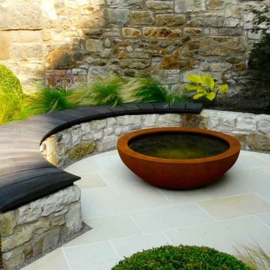 BALI Landscape Awards 2014, Scorched oak bench, Urbis lily bowl, Edinburgh Eton Terrace garden, built by Water Gems, designed by Carolyn Grohmann, BALI award winning 2014