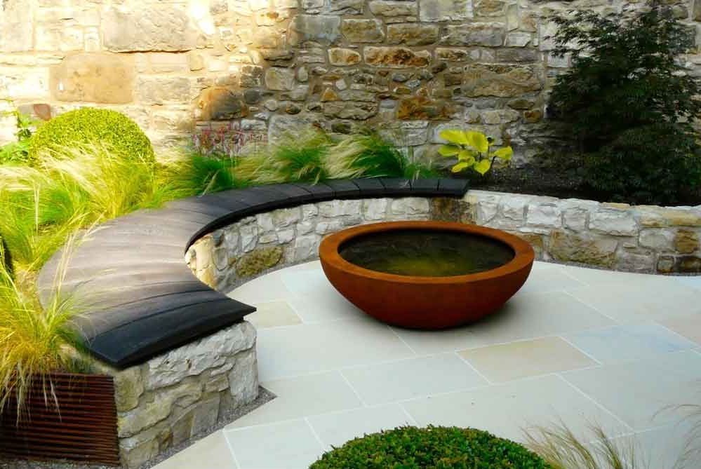 BALI Landscape Awards 2014, Scorched oak bench, Urbis lily bowl, Edinburgh Eton Terrace garden, built by Water Gems, designed by Carolyn Grohmann, BALI award winning 2014