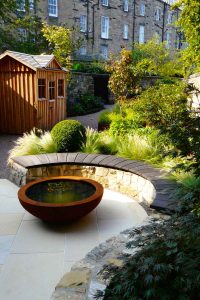 Rubies lily bowl, Edinburgh Eton Terrace garden, built by Water Gems, designed by Carolyn Grohmann, BALI award winning 2014