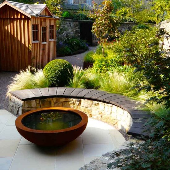 Rubies lily bowl, Edinburgh Eton Terrace garden, built by Water Gems, designed by Carolyn Grohmann, BALI award winning 2014